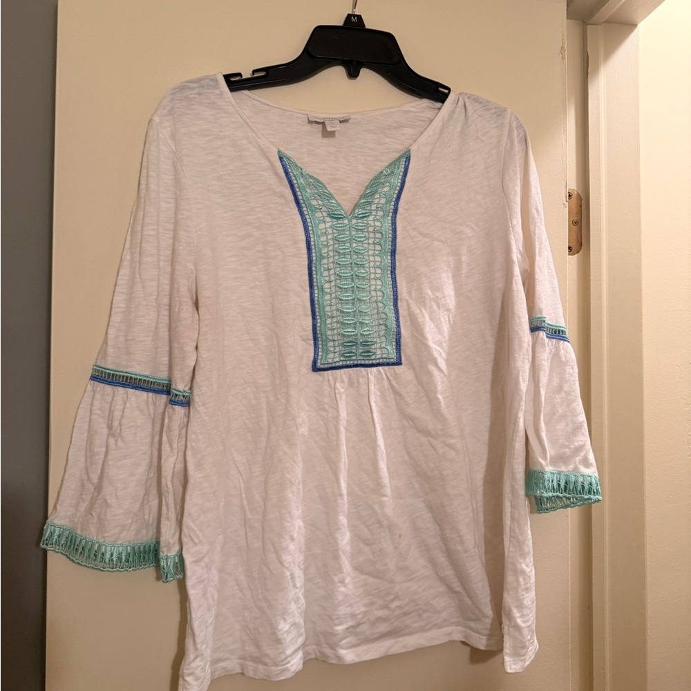 White Embroidered V-Neck Women's Top with Aqua Trim